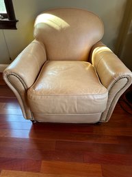 Hancock & Moore Cream Camel Leather Chair With Wood Legs And Nail Top Details - O2