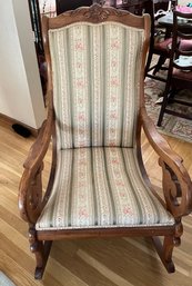 Antique Rocking Chair With Fabric Seat And Back - In Need Of Repair See Pictures - L11