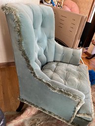 Antique Cool Turquoise Tufted Chair With Decorative Fringe Accents  - Lv14