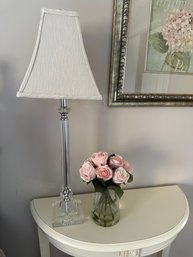 Tall Glass Lamp And Faux Pink Roses In Glass Vase - 2FB2