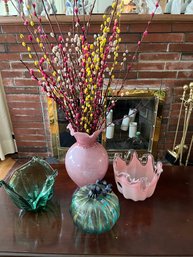 Two White Crystal Brand Vases Made In Italy: One Tall Pink Vase With Pussy Willows And One Glass Pumpkin - Lv5