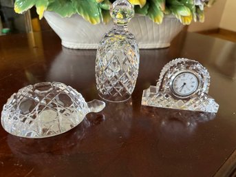 3 Piece Waterford Crystal Lot - Turtle Paper Weight, Clock And Christmas 1988  Bell  - Lv37