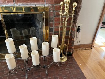 Fireplace Candle Holder With Untested Battery Operated Candles And Fireplace Tools - Lv44
