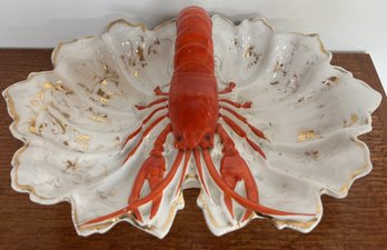Antique German Divided Lobster Dish Lobster Tail Handle With Gold Trim Marked & Numbered