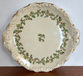 Antique T&V Limoges France Christmas Holiday Handled Platter Plate Holly Berry Design 14.5' Diameter