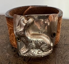 Unique Hand Crafted Tooled Leather Metal Bunny Rabbit Candy Mold Bracelet 8.5' X 2' Adjustable Snaps