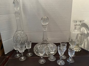 Three Cordial Decanters And 9 Cordial Glasses W/Assorted Designs - Dr54