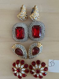 3 Red And Clear Rhinestone Clip-on Earings-J5