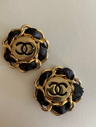 Large CHANEL Clip-on Earrings Coco Mark Matelasse Camellia Black And Gold -J20