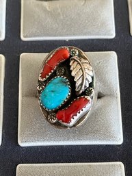 Vintage Navajo Turquoise And Coral Silver Big Boy Ring-J23