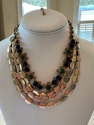 Ann Taylor Jeweled Blue & Green Gem Necklace And Gold Tone Button Multi Strand Necklace - J2