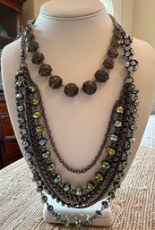 Vera Wang Multi Strand Silver Tone Necklace With Ann Taylor Dark Green Gem Necklace - J5