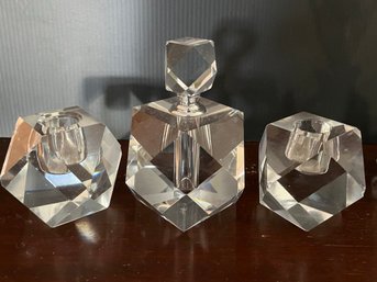 Two Vintage Crystal Candle Holders And Matching Perfume Decanter - J43