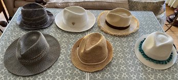 6 Sharply Dressed Straw Fabric Hats Includes White With Pin - H05