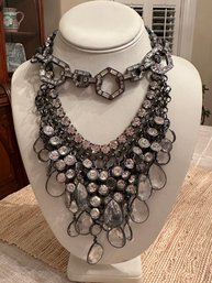 Grazino Black & Glass Statement Necklace Paired With BCBG Black Leather & Crystal Necklace - J16