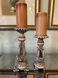 Pair Of Mirrored Candlestick Holders And Candles - Dr5