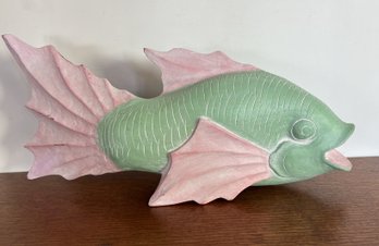 Colorful Large Pastel Pink And Green Carved Wood Fish Figure 16' X 8' Ocean