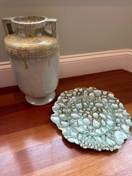 Tall Ceramic Vase In Shades Of Pale Green With Coordinating Platter - DR10