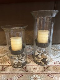 Pair Of Tall Heavy Wavy Glass Cylinder Candle Holders With Removable Smooth Rocks And Candles -  DR13