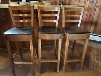 Three Retro Wooden Bar Stools Leather Seats - B25