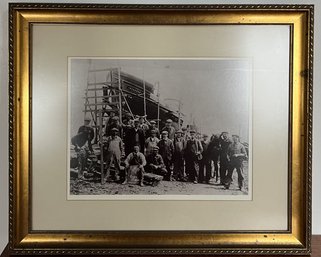 Large Framed Picture Of Essex MA Shipbuilding Scene 1918 Workmen & Horse And 'Pioneer' Ship Cape Ann