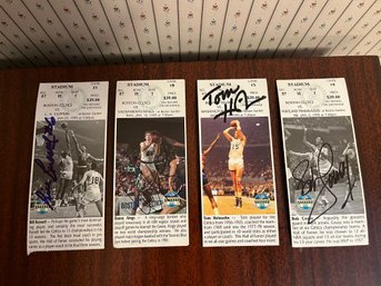 Four Autographed 95 Celtics Tickets - Russell, Anige, Heinsohn, & Cousy - D06