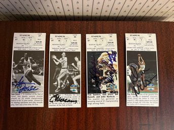 Four Autographed 95 Celtics Tickets - MacAuley, Jones, Russell & Jones Plus Nelson - D08