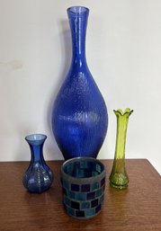 Colorful Glass Lot Four (4) Pieces TALL Blue Vase (16') 2 Small Vases And 1 Multi Colored Glass Votive