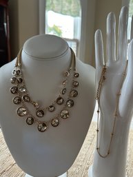 White House Black Market Gold Tone Crystal Necklace And Ann Taylor Gold Tone Station Chain - J33