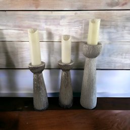 #930 Lot Of 3 Silver Decorative Candleholders With Battery Operated Candles
