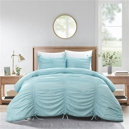 #136 Grace Living Abril Ruched 3pcs Full/Queen Comforter Set, 100 Polyester Filling, Pleated, Blue