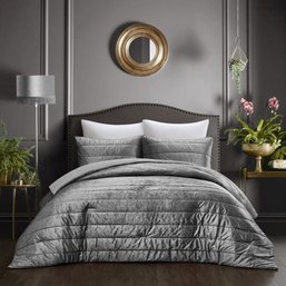 #145 Grace Living Aubriella 3pc Full/Queen Comforter Set, Crushed Velvet Channel,100 Polyester Grey