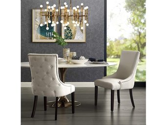 #100 InspiredHome Cream Linen Dining Chair - Design: Oscar Set Of 2 Back Tufted Nailhead Trim Finish