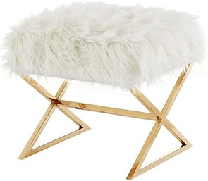 #35 SINGLE Inspired Home Della Faux Fur Ottoman With Steel X-Cross Legs For Living Room WhiteGold