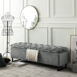 #111 Inspired Home Velvet Storage Ottoman Hand Woven Bench With Storage And Foot Rest, Navea Grey
