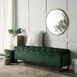 #56 Inspired Home Velvet Storage Ottoman Hand Woven Entryway Bench Storage And FootRest Navea Hunter Green