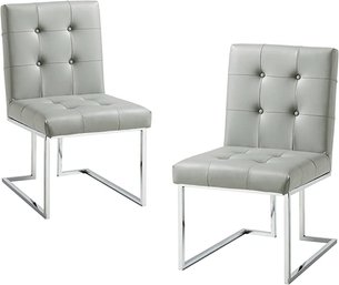 #45 Inspired Home Vanderbilt PU Leather Button Tufted Armless Chrome Frame Dining Chair Set Of 2 Light Grey