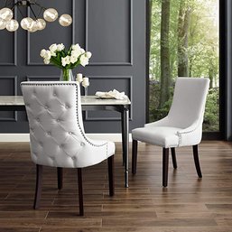 #2 InspiredHome White Leather Dining Chair - Design: Oscar  Set Of 2  Back Tufted  Nailhead Trim Finish