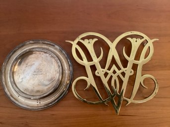 Two Pc Lot - Queen Ann 1950 Gold Williamsburg Cypher Trivet And Monogramed Soldered Silver Cereal Dish - Lr27