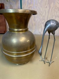 Tall Heavy Brass Pot / Spittoon ? And Crane - B27