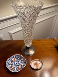 Tall Cut Crystal Vase With Sterling Stand And 2 Porcelain Trinket Dishes- D6