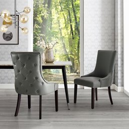 #141 InspiredHome Grey Leather Dining Chair-Design Oscar Set Of Two Back Tufted Nailhead Trim Finish