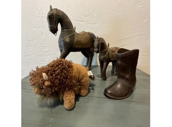 2 Wood & Metal Horses & Boot & Buffalo Lot