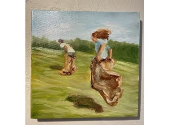 Oil On Canvas Laura Elkins Stover Nostalgic Children Sack Race 10' X 10' Signed Original