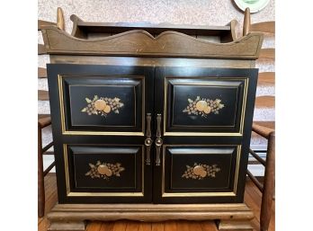 Black Pine Wood Stenciled Dry Sink Turned Bar With Glassware 33' X 16' X 39'