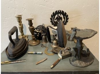 Large Metal Lot Includes Brass Candlesticks - Cast Iron Sad Irons - String Holder - Pocket Knives - Bird Bath