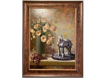 Oil On Canvas Horse Statue & Flowers Laura Elkins Stover 23.5' X 29.5' Signed Original