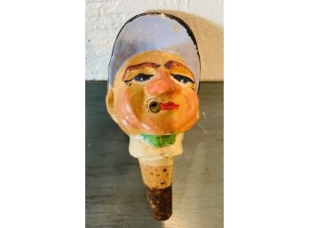 Antique Cork Bottle Stopper Man With Cigarette Baseball Cap 5.5' Paper Mache