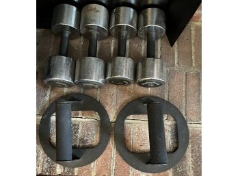 Lot Of 6 Pieces 2 -25lb & 2 -30lb Dumbbells Weights  Nordic Track Metal Push Up Equipment