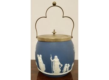 Victorian Blue Wedgewood Biscuit Jar W/ Silver Plated Cover/ Handle